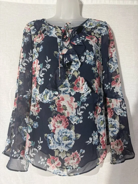 White House Black Market Navy Floral Tie-Front Blouse Size 4 - Picture 2 of 11